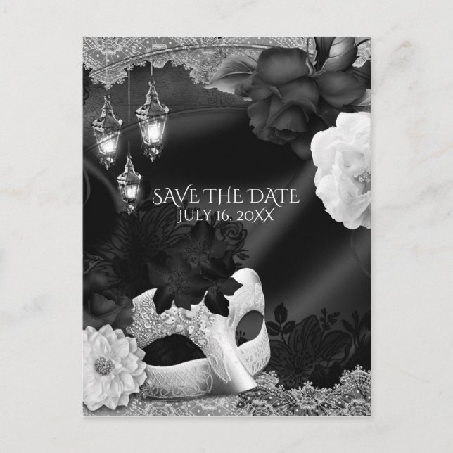 Postal De Anuncios Elegante Mascarada en Blanco y Negro Save the Date (Anverso)