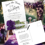 Postal De Anuncios Elegante matrimonio real de Rosas púrpura salva la<br><div class="desc">Estas hermosas postales son una excelente manera de hacer saber a sus amigos y familia que ahorren la fecha para su próximo boda. El diseño se compone de un magnífico rosa de color púrpura real de tallo largo y profundo que se extiende a su lado, reflejado en una piscina con...</div>