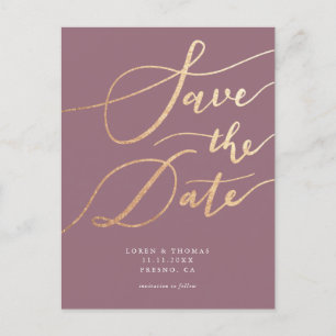Postal De Anuncios Elegante Mauve Gold Script Guardar la fecha