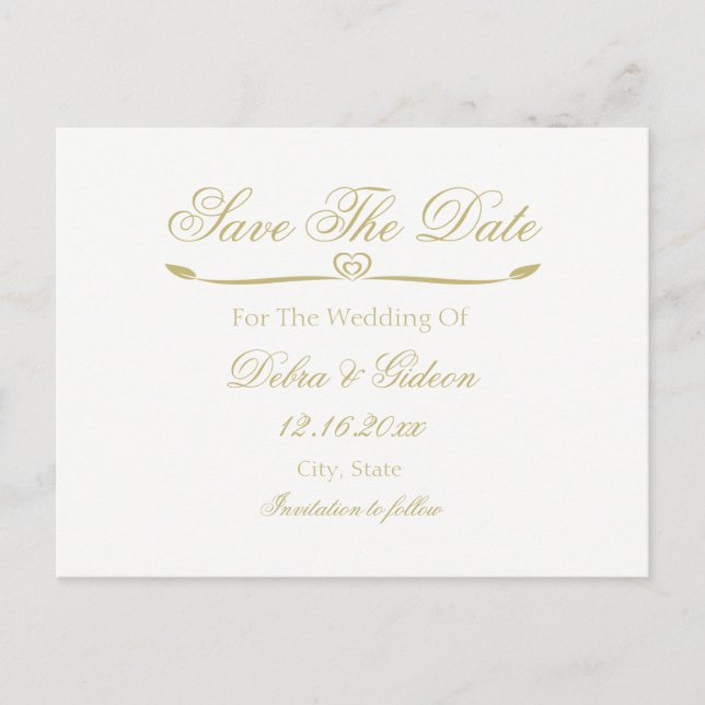 Postal De Anuncios Elegante Monograma Blanco y Dorado Save the Date (Anverso)