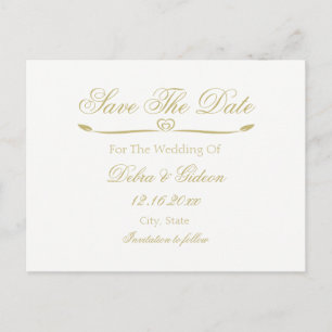 Postal De Anuncios Elegante Monograma Blanco y Oro Guardar la fecha