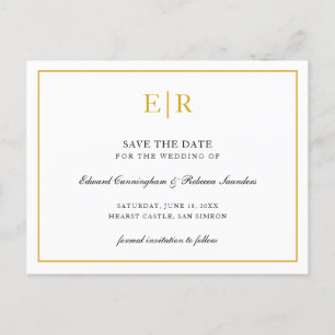 Postal De Anuncios Elegante Monograma Dorado Formal Boda Guardar la F