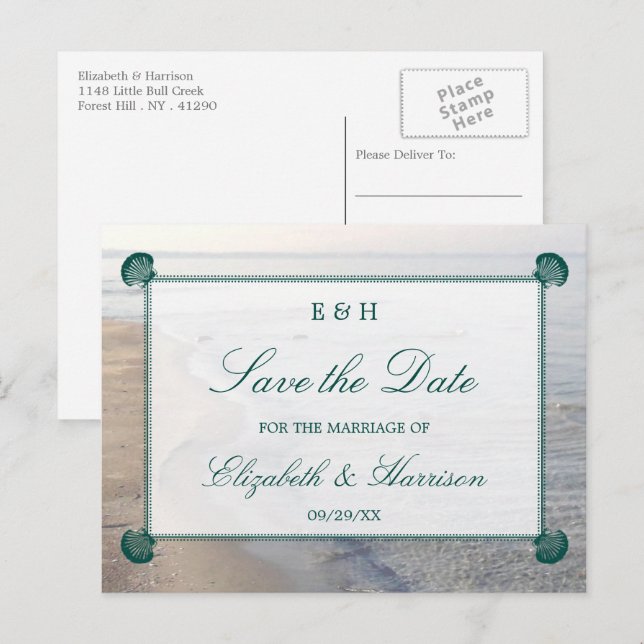 Postal De Anuncios Elegante Monograma, Verde azulada Playa De Vieiras (Anverso / Reverso)