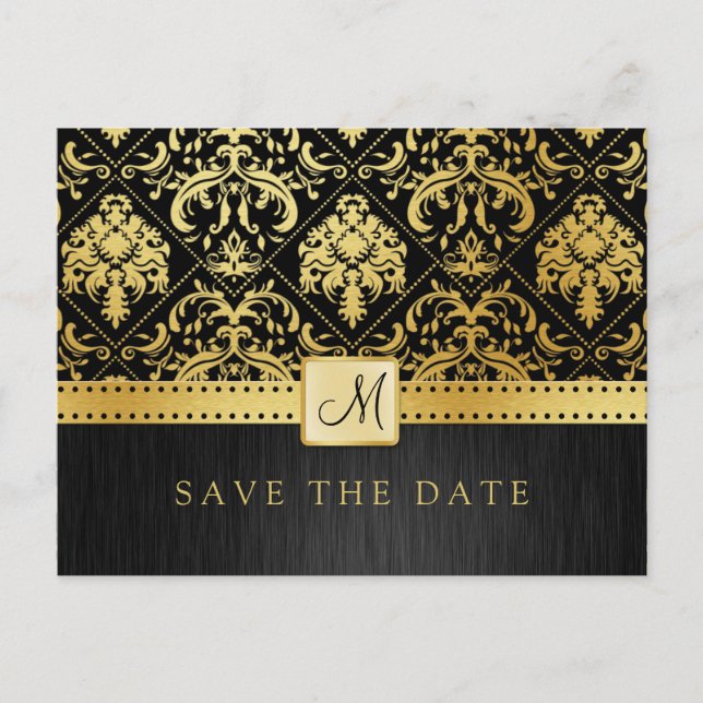 Postal De Anuncios Elegante negro y dorado Damask Save the Date (Anverso)