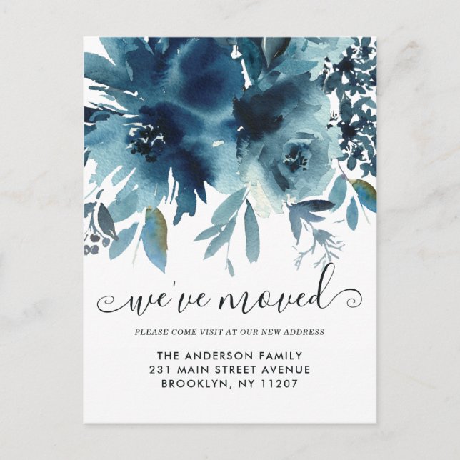Postal De Anuncios Elegante Nos Hemos Mudado Floral Rosa Azul Marino  (Anverso)