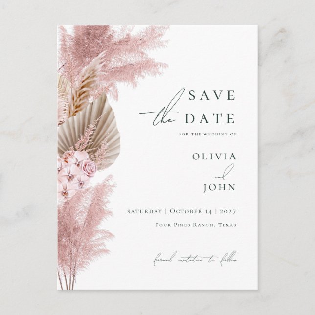 Postal De Anuncios Elegante Pampas Moderno de Boda Save the Date  (Anverso)