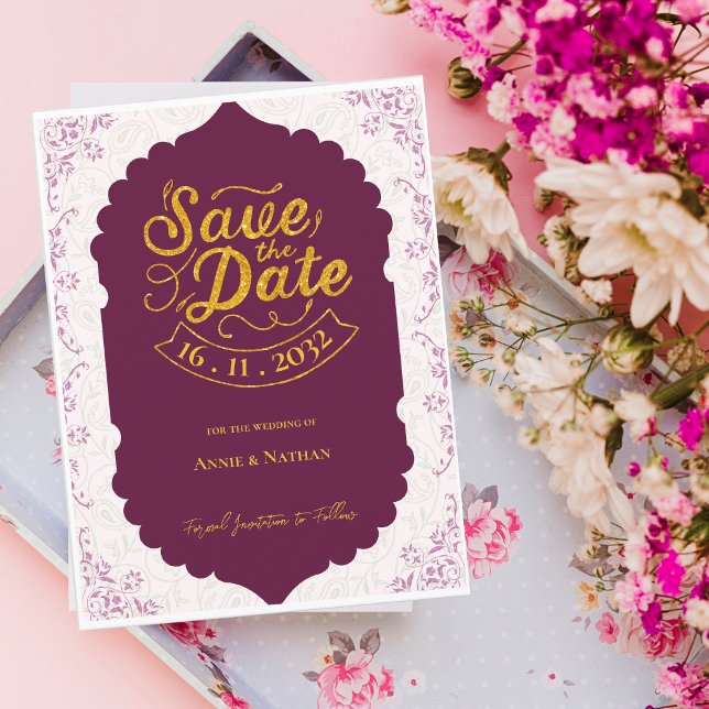 Postal De Anuncios Elegante patrón de motivo oriental burgundy boda (Elegant Oriental Motif Pattern Burgundy Wedding Announcement Postcard)