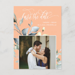 Postal De Anuncios Elegante Peach Green Leaves Código QR Guardar fech