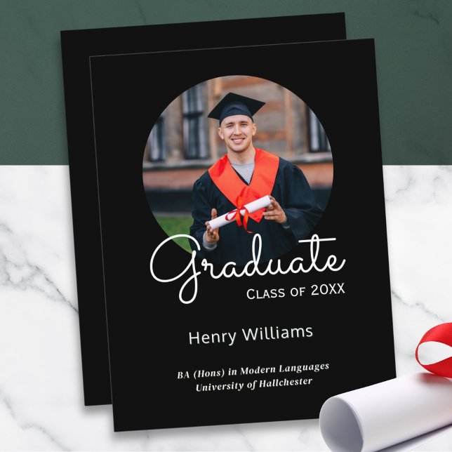Postal De Anuncios Elegante Personalizado de Graduación de Foto (A graduation announcement card, to customize with a photo and text)