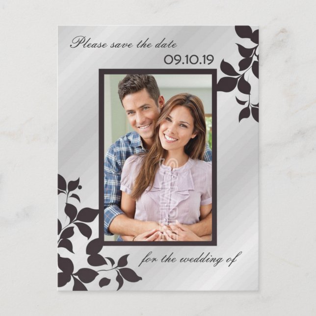 Postal De Anuncios Elegante plata negro floral foto guardar la fecha (Anverso)