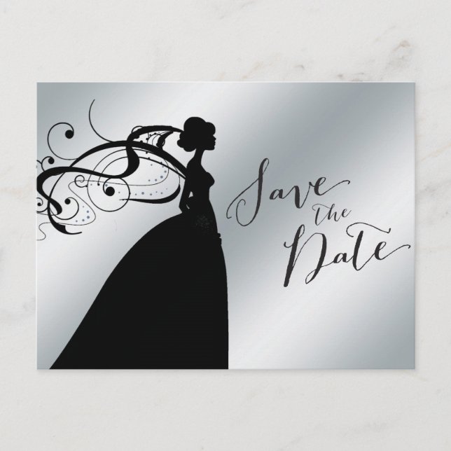 Postal De Anuncios Elegante plata Save the Date con novia (Anverso)