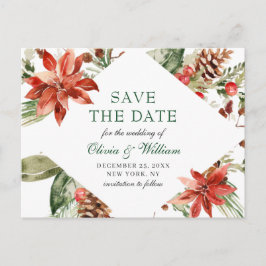 Postal De Anuncios Elegante Poinsettia Roja de Pino Boda Save the Dat