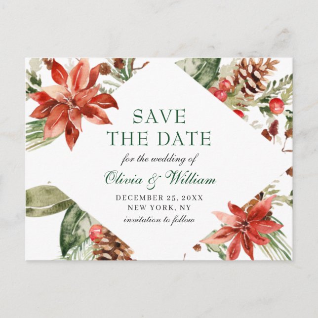 Postal De Anuncios Elegante Poinsettia Roja de Pino Boda Save the Dat (Anverso)