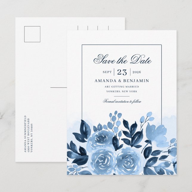 Postal De Anuncios Elegante Polvo Floral Azul Acuarela Boda (Anverso / Reverso)