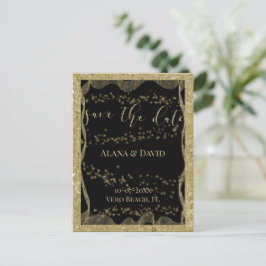 Postal De Anuncios Elegante Purpurina negro y oro salva la fecha