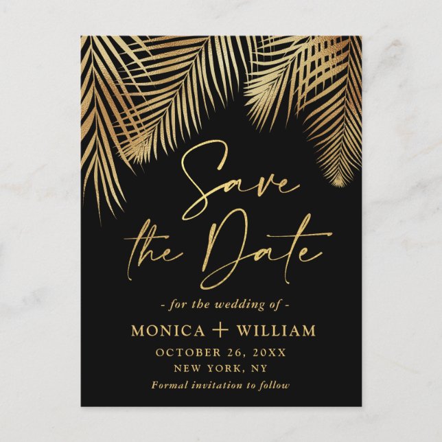 Postal De Anuncios Elegante Rama de Palm Dorada Boda salva la fecha (Anverso)