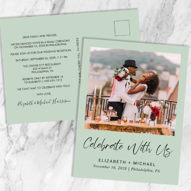 Postal De Anuncios Elegante Recepción de Boda en Verde Salvia con Fot (Subido por el creador)