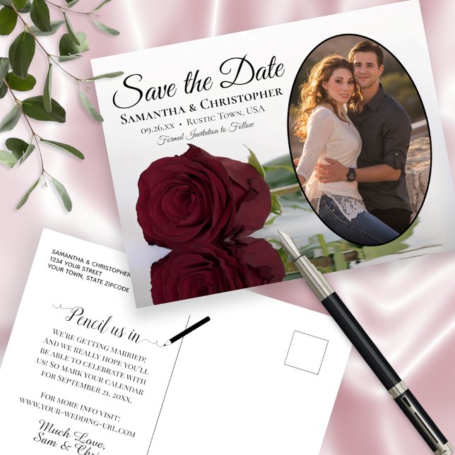 Postal De Anuncios Elegante Rosa de Borgoña para Boda Guardar la Fech (Subido por el creador)