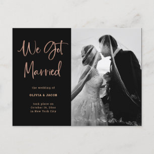Postal De Anuncios Elegante Rosa de oro en negro  Boda fotográfico