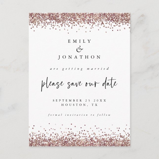 Postal De Anuncios Elegante Rosa Dorado Glitter Boda Blanca Guardar F (Anverso)