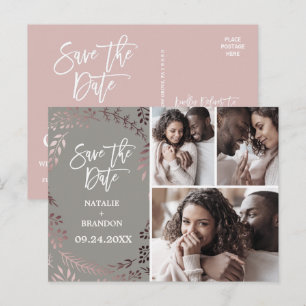Postal De Anuncios Elegante Rosa Dorado Gris 3 Fotos Save the Date