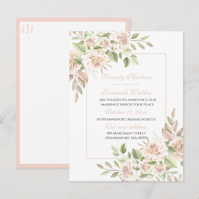 Postal De Anuncios Elegante Rosa Floral Acaba de Casarse Boda (Anverso / Reverso)