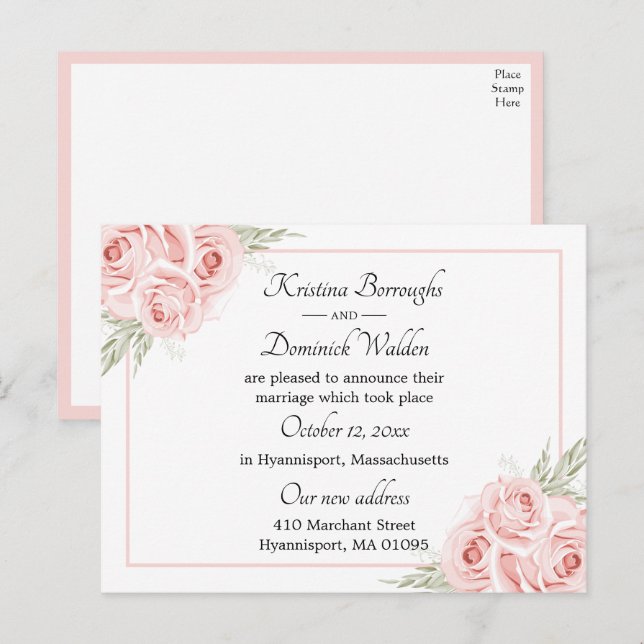 Postal De Anuncios Elegante Rosa Floral Acaba de Casarse Boda (Anverso / Reverso)