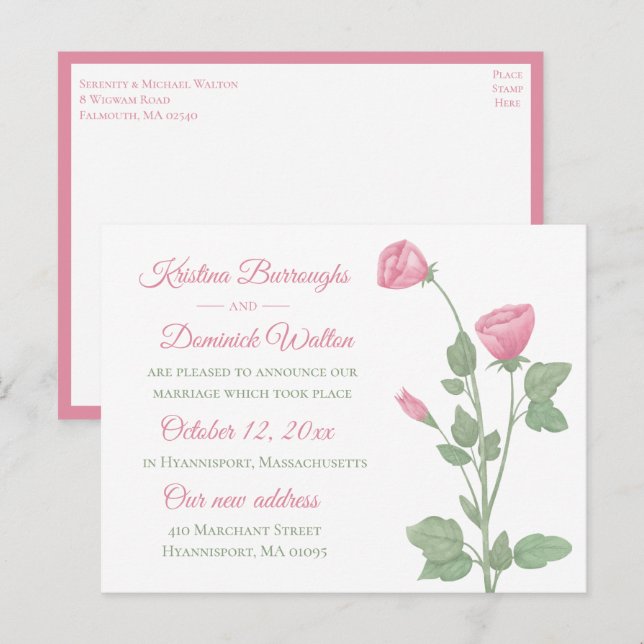 Postal De Anuncios Elegante Rosa Floral Acaba de Casarse Boda (Anverso / Reverso)