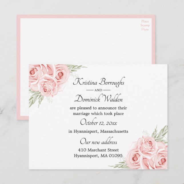 Postal De Anuncios Elegante Rosa Floral Acaba de Casarse Boda Anno (Anverso / Reverso)