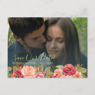 Postal De Anuncios Elegante rosa navidad oro foto boda guardar fecha