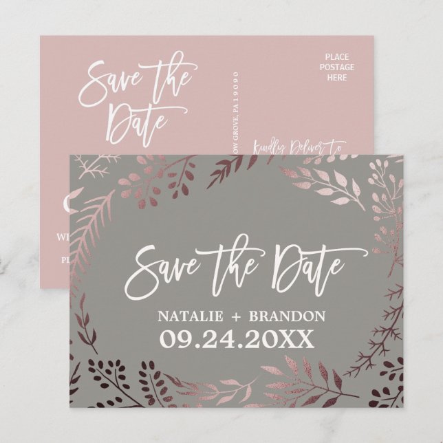 Postal De Anuncios Elegante Rosa Oro y Boda Gris salvan la fecha (Anverso / Reverso)