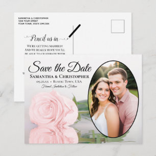 Postal De Anuncios Elegante Rosa Rosa Oval Foto Boda Guardar la Fecha