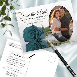 Postal De Anuncios Elegante Rosa Verde azulado Oval Photo Wedding Sal