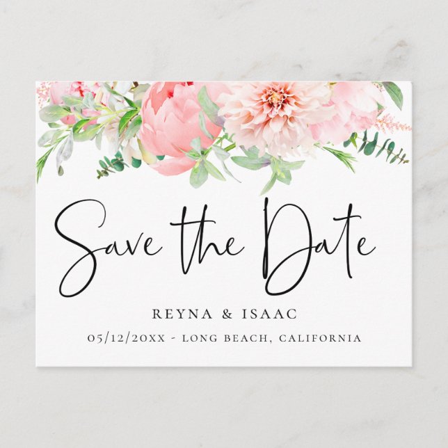 Postal De Anuncios Elegante Rubor Pink Botanical Save the Date (Anverso)