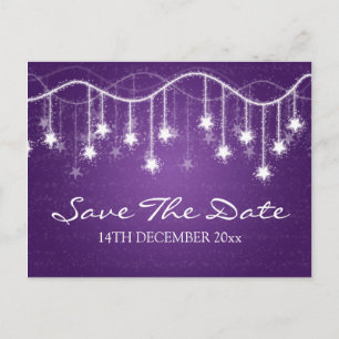 Postal De Anuncios Elegante Salva La Fecha Brillante Estrellas Morado