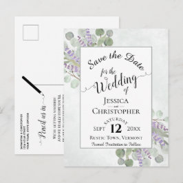 Postal De Anuncios Elegante Salva la Fecha Eucalipto y Lavanda Blanco