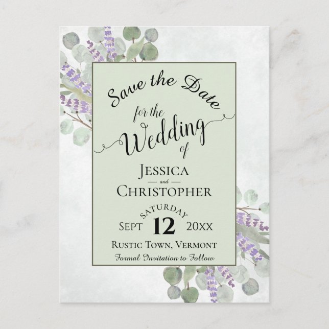 Postal De Anuncios Elegante salva la fecha Eucalipto y verde lavanda (Anverso)