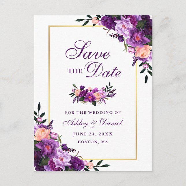 Postal De Anuncios Elegante salva la fecha oro violeta violeta violet (Anverso)