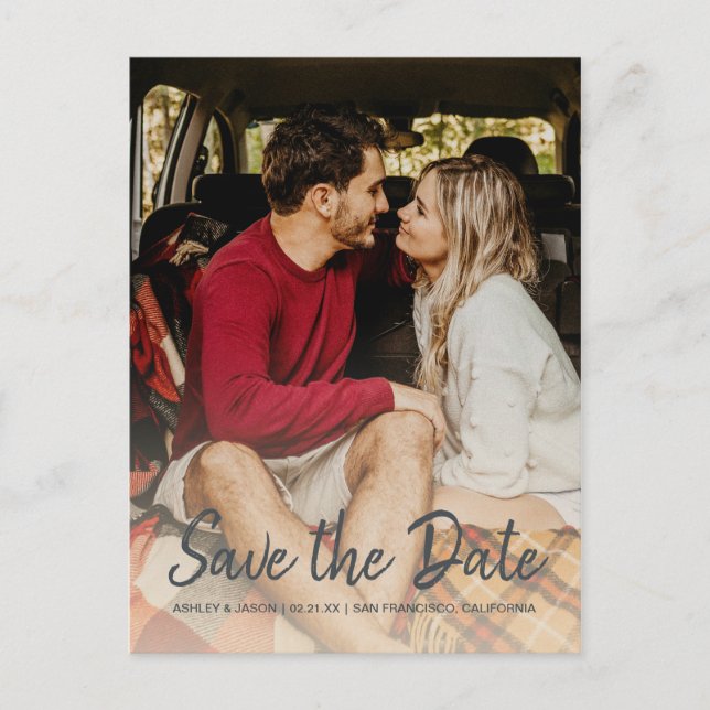 Postal De Anuncios Elegante Save the Date de compromiso con foto (Anverso)