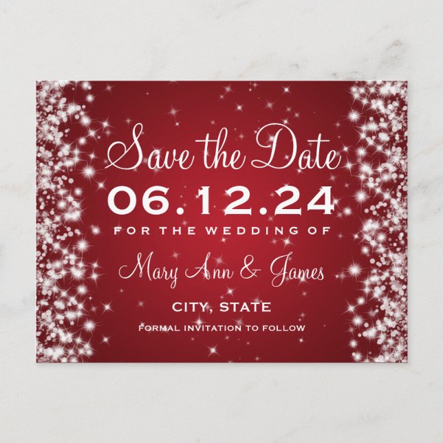 Postal De Anuncios Elegante Save The Date Invierno Brillo Rojo (Anverso)