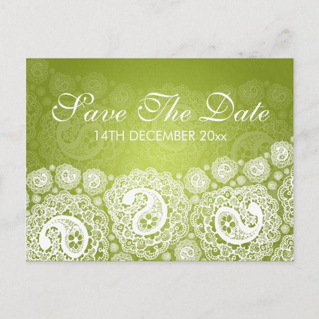 Postal De Anuncios Elegante Save The Date Paisley Encaje Verde Lima (Anverso)