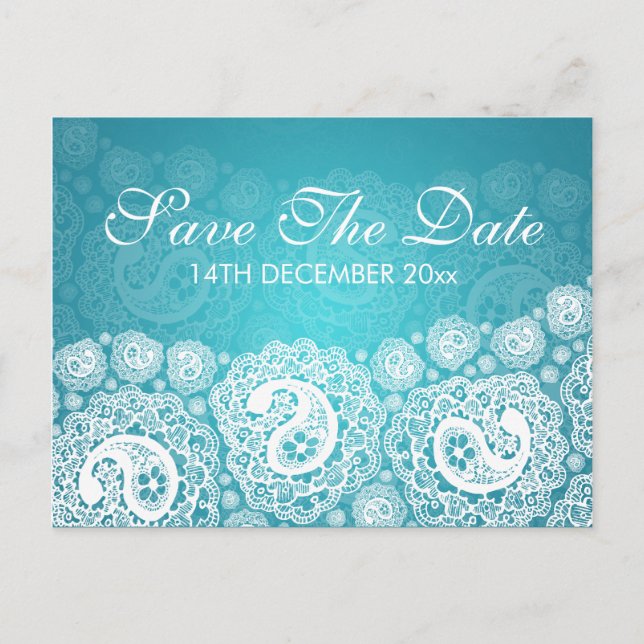 Postal De Anuncios Elegante Save The Date Paisley Lace Azul (Anverso)