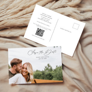 Postal De Anuncios Elegante Script Photo Save the Date w/QR Code