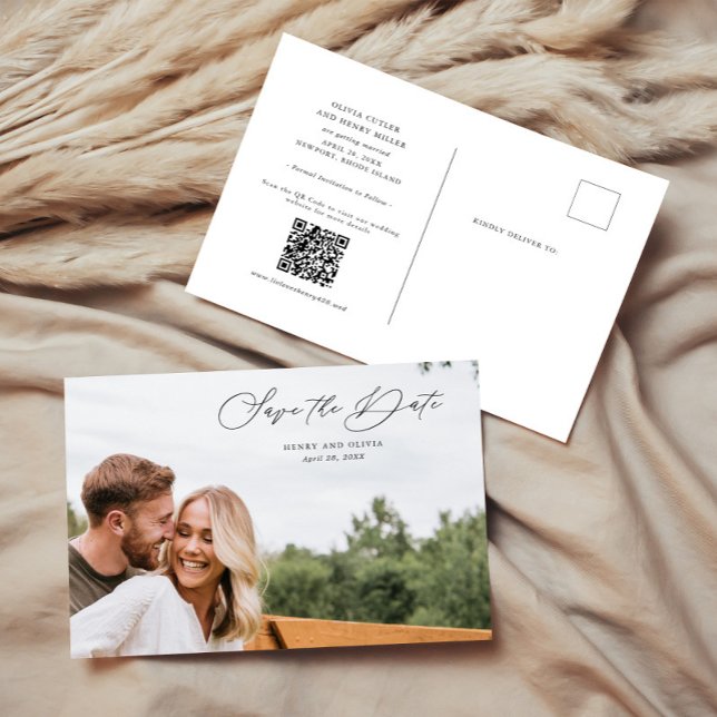 Postal De Anuncios Elegante Script Photo Save the Date w/QR Code (Subido por el creador)