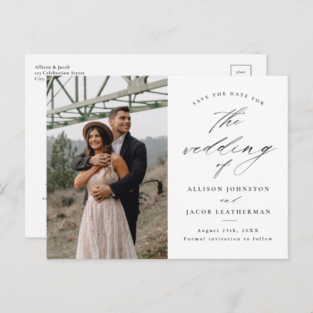 Postal De Anuncios Elegante Script Photo Wedding Guardar la fecha (Anverso / Reverso)