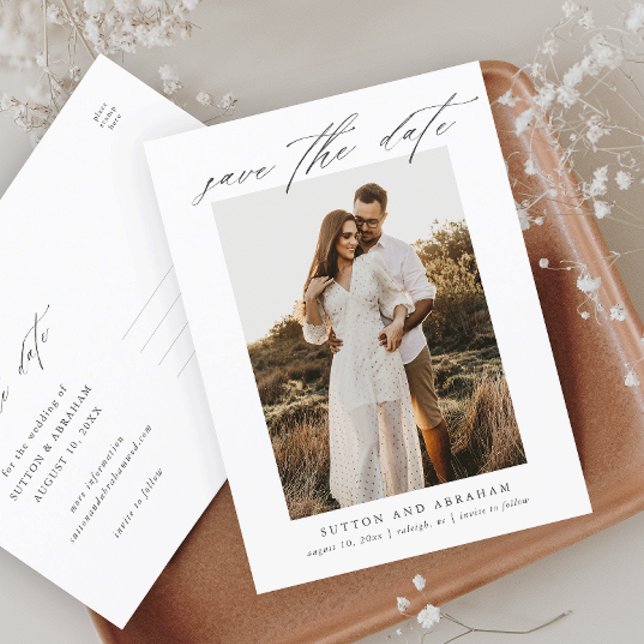 Postal De Anuncios Elegante Script Photo Wedding Guardar la fecha (Subido por el creador)