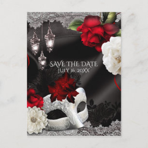 Postal De Anuncios Elegante seda negra floral Masquerade Save the Dat