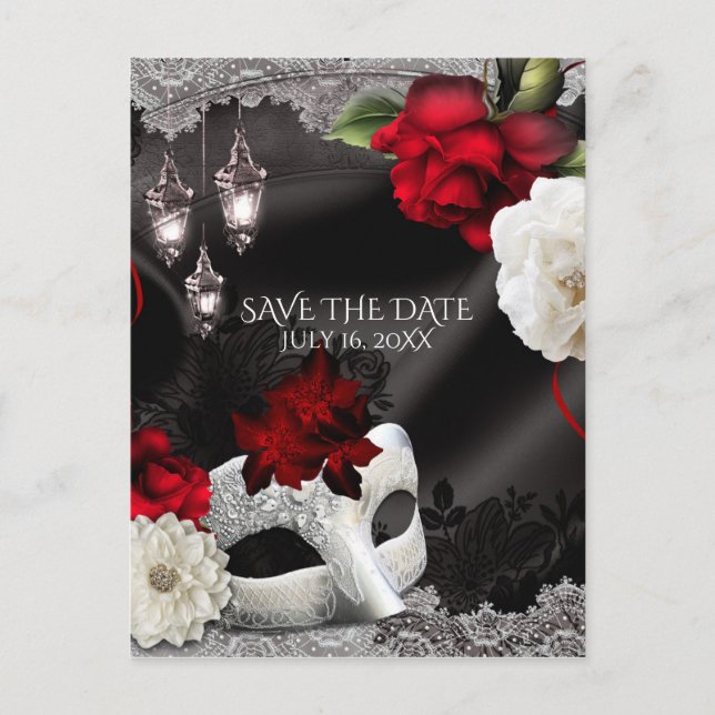 Postal De Anuncios Elegante seda negra floral Masquerade Save the Dat (Anverso)