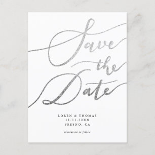 Postal De Anuncios Elegante Silver Simple Script Wedding Guardar La F