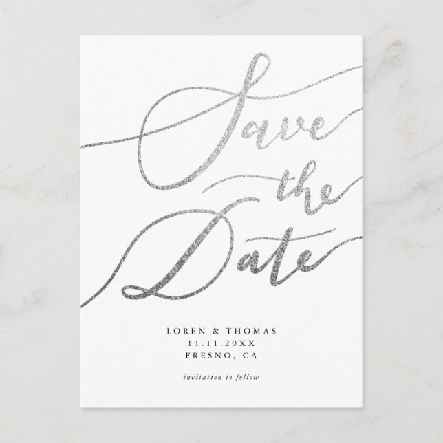 Postal De Anuncios Elegante Silver Simple Script Wedding Guardar La F (Anverso)